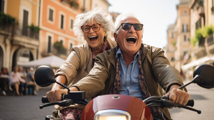 Retired couple on scooter in Italy, Europe, happy seniors on holidays - obrazy, fototapety, plakaty