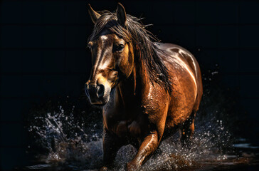 Brown Horse Running Down a Black Background: Powerful Stride