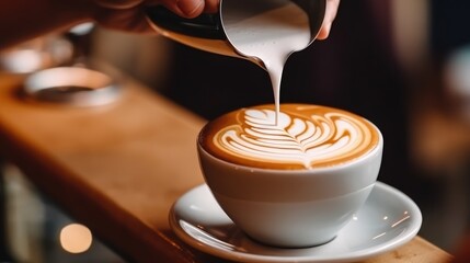 Barista pouring cream on coffee