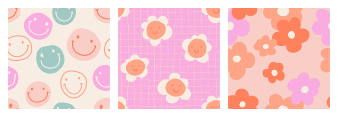 1970 Daisy seamless pattern pack with Naive groovy smiles and squiggle. Retrowave with 90s style for kids. Minimalist nursery print in Pink colors. Unisex nursery design for t-shirts