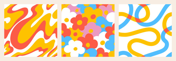 1970 Daisy seamless pattern pack with Naive groovy wave and squiggle. Retrowave with 90s style for kids. Fun colorful Doodle Bright backgrounds. Minimalist nursery print in red, blue and yellow