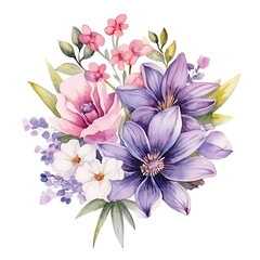 bouquet flowers, made of watercolor, gouache paint, white background, isolated, generative ai