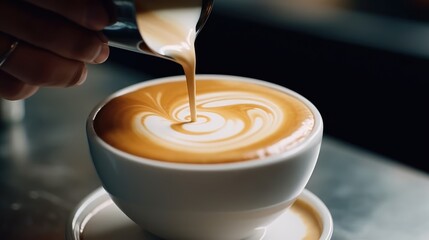 Barista pouring cream on coffee
