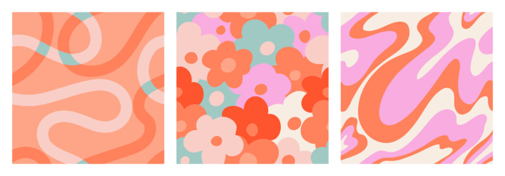 1970 Daisy seamless pattern pack with Naive groovy wave and squiggle. Retrowave with 90s style for kids. Minimalist nursery print of psychedelic Orange curvy shapes of natural tones.