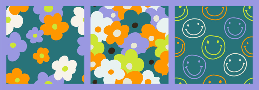 1970 Daisy seamless pattern pack with Naive groovy smiles. Retrowave with 90s style for kids. Fun colorful Doodle Bright backgrounds. Minimalist nursery print in green and orange.