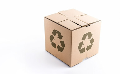 Obraz premium Boxes, displaying the Recycle Sign, stacked together on a white backdrop.