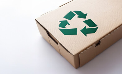 Cardboard box with the recycling symbol. A packaging box crafted from recycled paper, displaying the recycle symbol.