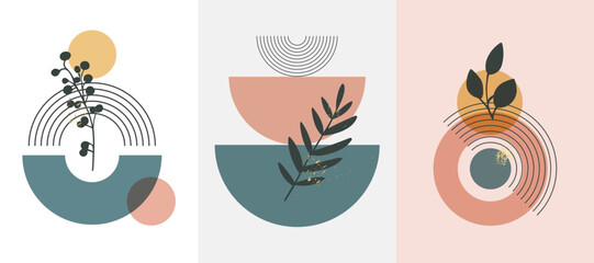 Modern Boho minimalist art. Mid-century Bohemian Style, Boho, Geometric Shape. Rainbow, Sun, and Plants. Сontemporary geometric posters with minimal elements in bright colors.