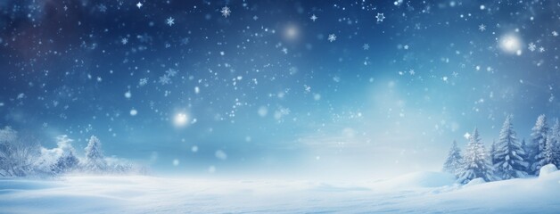 Winter panoramic background with snow. Snowflakes, drifts of snow and Christmas trees in the background