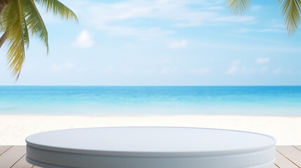 White Round Table Top And Blur Beach Seascape and Palm Tree of the Background. For product display