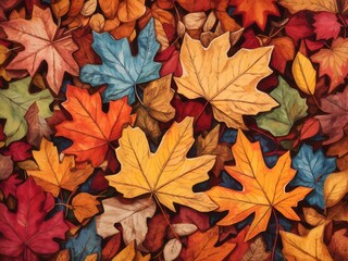 Naklejka na ściany i meble Nature's Carpet: Aerial View of Richly Hued Autumn Leaves. Generative ai