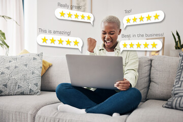Laptop, excited and business owner reading review, email or feedback for financial bonus or 5 star...