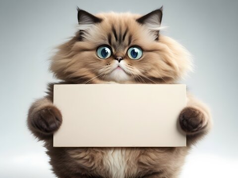 Cat's Message: Persian Kitty with a Blank Card against Grey Backdrop. Generative ai