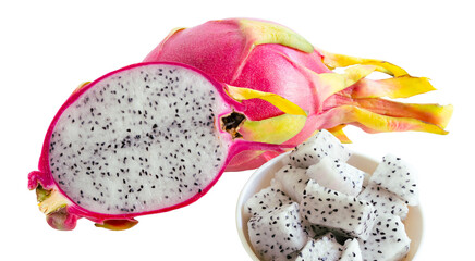 Isolated dragon fruit, pink skin, white inner flesh, small seeds scattered throughout the fruit....