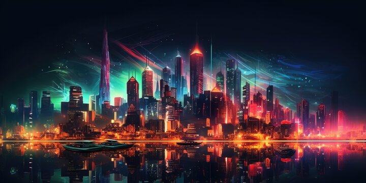 city skyline cyberpunk neon on dark background. beautiful Generative AI AIG32