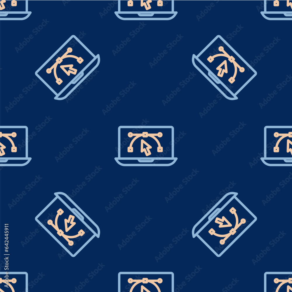 Canvas Prints Line Computer display with vector design program icon isolated on isolated seamless pattern on blue background. Photo editor software with user interface. Vector