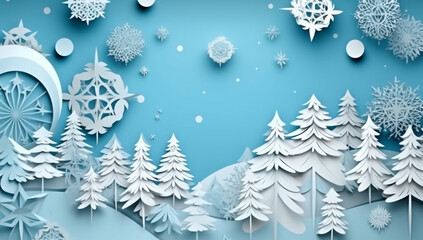 Naklejka na ściany i meble background christmas origami winter snowflakes art paper merry tree greeting blue. Generative AI.