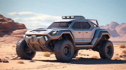 Fototapeta na wymiar Luxe Off-Roading Bliss in the Desert Bliss: Futuristic 4x4 Cars in Action