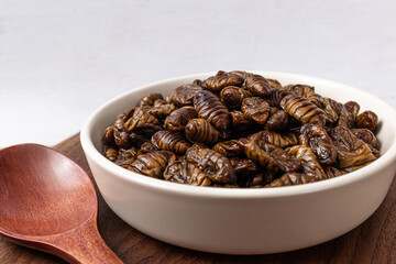 Stewed silk moth pupa rich in protein