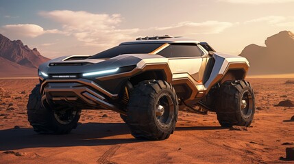 Fototapeta na wymiar Desert Dreamscape Unleashed in Luxury Bliss: Futuristic 4x4 Cars Roaming Free