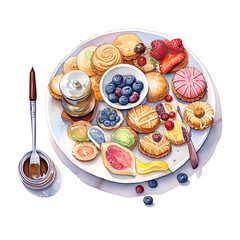 sweet cakes, made of watercolor, gouache paint, white background, isolated, generative ai