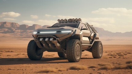 Fototapeta na wymiar Desert Dominance in Luxury Bliss: Futuristic 4x4 Cars Tackling Arid Challenges