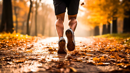 Athlete man running in sneakers trough the forest in autumn. Male jogging in running shoes closeup. Outdoor recreational training and active lifestyle	