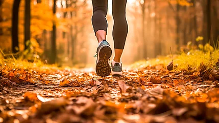 Fototapete Orange Athlete woman running in her sneakers trough the forest in autumn. Female jogging in running shoes closeup. Outdoor recreational training and active lifestyle 