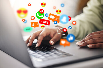 Laptop, emojis or hands of woman typing for communication, social media or online chat. Icon, message notification overlay or closeup of person on app to scroll on website or digital network at home