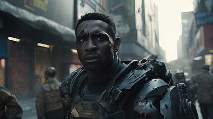 Obraz premium a soldier holding a rifle, special forces, futuristic, ruined city background. War.