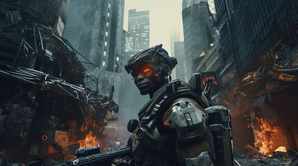 a soldier holding a rifle, special forces, futuristic, ruined city background. War.