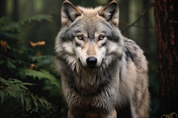 close up of a wolf in forest brown 