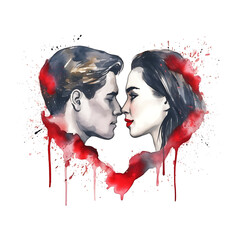 couple kissing inside the heart, made of watercolor, gouache paint, white background, isolated, generative ai