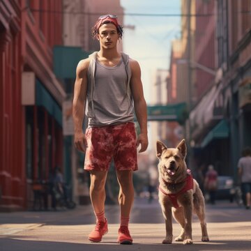 Athletic man with dog walking through the city