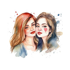 lgbtqia+, lesbian couple in the heart, made of watercolor, gouache paint, white background, isolated, generative ai