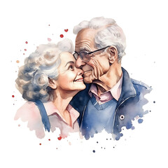 elderly couple in the heart, made of watercolor, gouache paint, white background, isolated, generative ai
