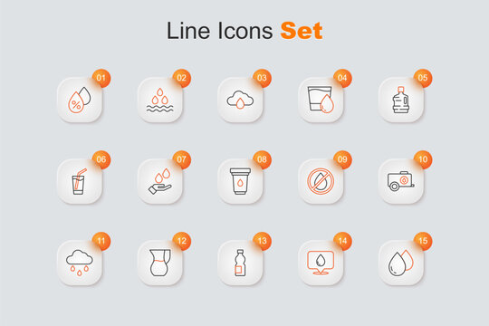 Set line Water drop, with location, Bottle of water, Jug glass, Cloud rain, Mobile tank, forbidden and filter cartridge icon. Vector
