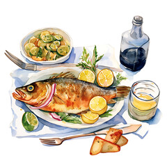 plate of food, made of watercolor, gouache paint, white background, isolated, generative ai