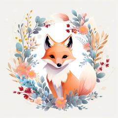 Fototapeta premium Enchanting Floral Fox: A Delightfully Cute, Pastel Artwork with Intricate Vine and Leaf Designs
