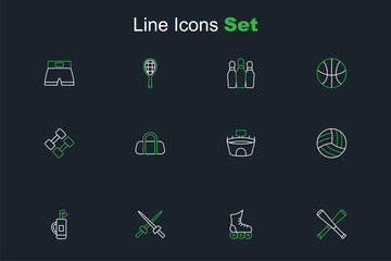 Set line Crossed baseball bat, Roller skate, Fencing, Golf bag with clubs, Volleyball, Stadium, Sport and Dumbbell icon. Vector