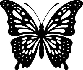 Silhouettes of butterfy. Black pictures of funny butterfly. Insect butterfly black silhouette, patterned butterfly, vector illustration.