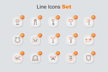 Set line Shield, Horseshoe, Crossed hammer, Blacksmith oven, anvil tool, Clamp and screw, Hammer and icon. Vector