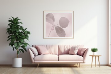 Modern Minimalist Natural Living Room With a Pink Sofa, Green Houseplants and a Picture on the Wall