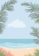 Fototapeta na wymiar Tranquil Beach Background: Serene Coastal Scene with Golden Sands and Azure Waters, Ideal for Relaxing Vacation Themes and Tropical Designs