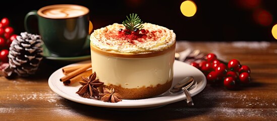 A picture of a hot latte with latte art and a burnt cheesecake with Christmas decorations on a wooden desk celebrating Christmas and New Year