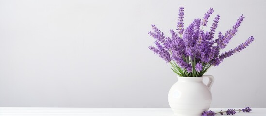 A bunch of lavender flowers in a small white vase on a lilac table next to a white wall