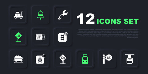 Set Toilet, Cable car, Train ticket, and railway, Railroad crossing, Online booking, station bell and Speed limit traffic sign 100 km icon. Vector