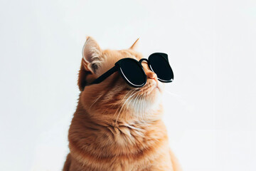 Portrait photo of a young orange cat wearing black sunglasses looking up with vision. Cute pet isolated on white background.