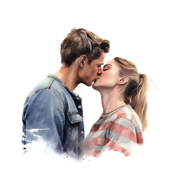 kissing couple, made of watercolor, gouache paint, white background, isolated, generative ai