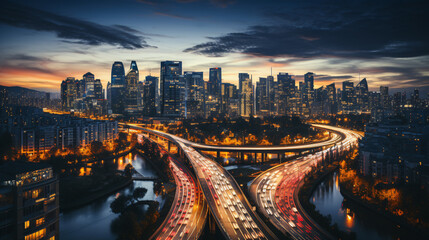 Fototapeta na wymiar Captivating Aerial Scene of Bustling Urban Highway - Perfect for Transport Blogs..